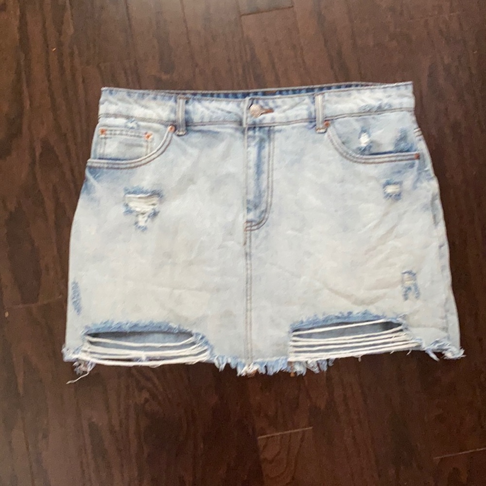 Distressed denim skirt